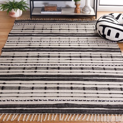 Boho-Chic Black and Beige Striped Kilim 6' Square Wool Rug