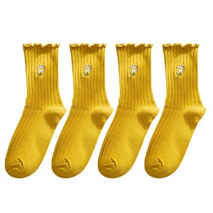 Anna-Kaci Women's 4 Pairs Ribbed Knit Socks with Daisy Embroidery Lettuce Edge Cuffs Soft Stretch Fabric - 1 of 4