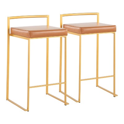 Set of 2 Fuji Stackable Counter Height Barstools Leather/Steel Gold/Camel Brown - LumiSource