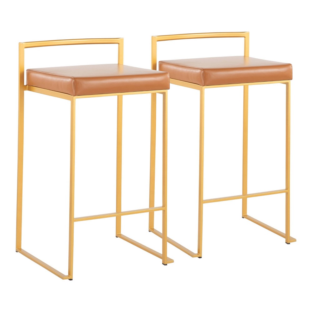 Photos - Chair Set of 2 Fuji Stackable Counter Height Barstools Leather/Steel Gold/Camel