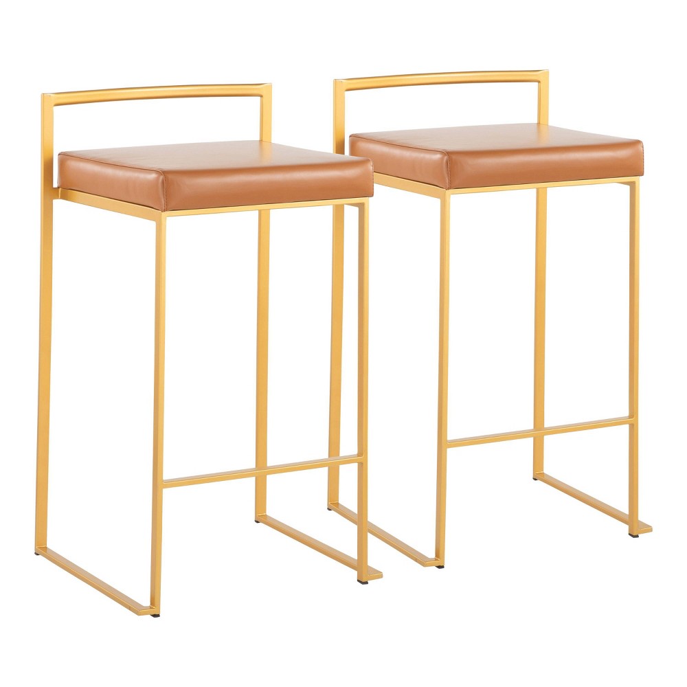 Set of 2 Fuji Stackable Counter Height Barstools Leather/Steel Gold/Camel - LumiSource: Upholstered, 250lb Capacity, Painted Finish