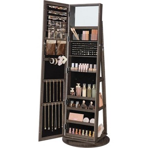 360° Swivel Jewelry Cabinet with Full-Length Mirror, Lockable Rustic Organizer with Interior Storage, Brown - 1 of 4