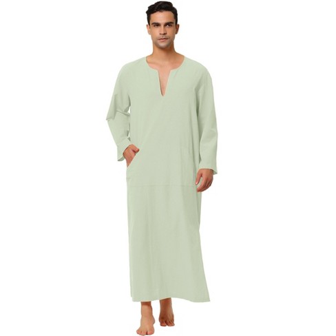 Lars Amadeus Men's Cotton V-Neck Side Split Long Night Gown with Pocket  Green Medium