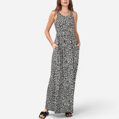 Amaryllis Women's Sleeveless Maxi Dress Scoop Neck Flowy Silhouette Allover Print Lightweight Casual Dress with Pockets