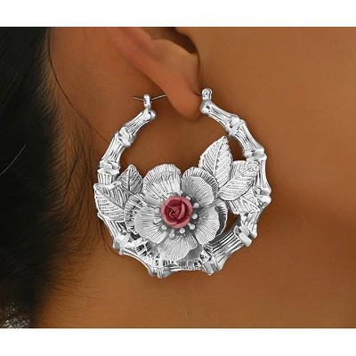 Paaaawaters Gold-Toned Pure Iron Floral Hoop Earrings, Handmade Leaf & Pink Flower Jewelry For Women