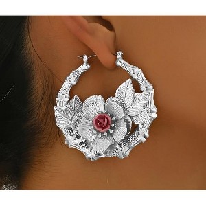 Paaaawaters Gold-Toned Pure Iron Floral Hoop Earrings, Handmade Leaf & Pink Flower Jewelry For Women - 1 of 4