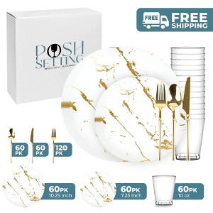 Posh Setting 420 Piece White And Gold Plastic Party Bundle - Stroke (60 Settings) - 1 of 4