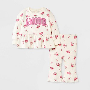 Baby Girls' 2pc Amour Love Floral Fleece Sweatshirt & Pants Set - Off-White - 1 of 4