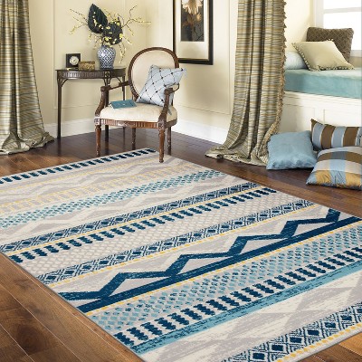 Boho Blue Geometric Tufted Synthetic Area Rug