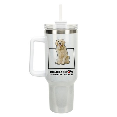 Elanze Designs Colorful Colorado Loves Golden Retrievers White Double Wall Stainless Steel Insulated Travel Tumbler with Lid and Straw, 40 Ounce