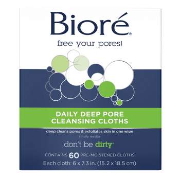 Biore Daily Deep Pore Cleansing Cloths, Facial Cleansing Wipes, Makeup Removal, Dermatologist Tested - 60ct