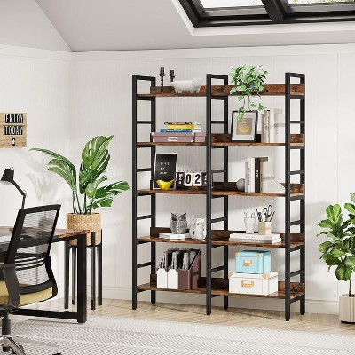 Rustic Brown 5-Tier Wood and Metal Adjustable Bookshelf