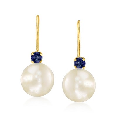 Ross-Simons 7-7.5mm Cultured Pearl Drop Earrings With .10 ct. t.w. Sapphires in 14kt Yellow Gold