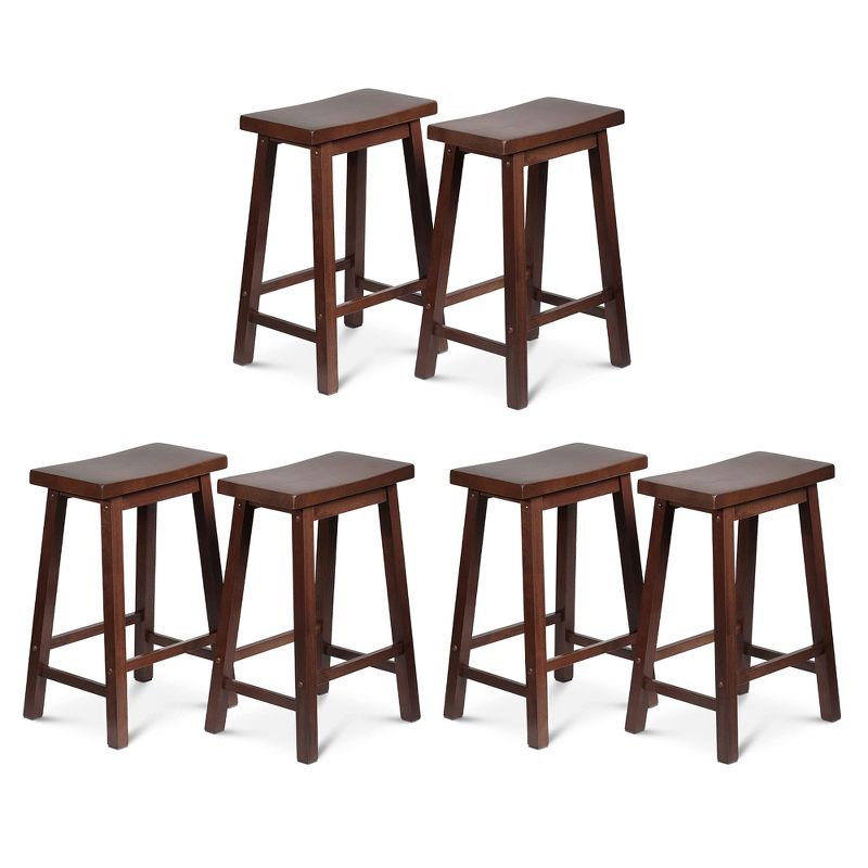 PJ Wood Classic Saddle-Seat 24" Tall Kitchen Counter Stools for Homes, Dining Spaces, and Bars w/ Backless Seats, 4 Square Legs, Walnut (Set of 6), 1 of 7