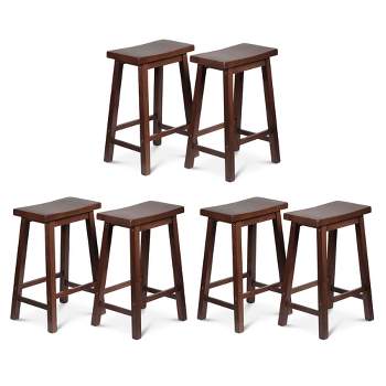 PJ Wood Classic Saddle-Seat 24" Tall Kitchen Counter Stools for Homes, Dining Spaces, and Bars w/ Backless Seats, 4 Square Legs, Walnut (Set of 6)