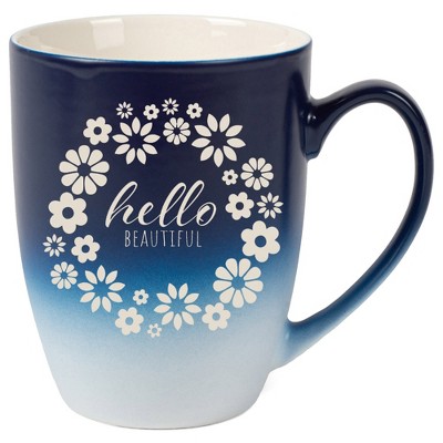 Elanze Designs Flower Wreath Hello Beautiful 12 Ounce Ceramic Laser-Etched Engraved Drinkware Mug, Blue and White Ombre