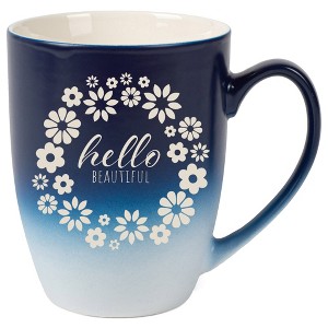 Elanze Designs Flower Wreath Hello Beautiful 12 Ounce Ceramic Laser-Etched Engraved Drinkware Mug, Blue and White Ombre - 1 of 4