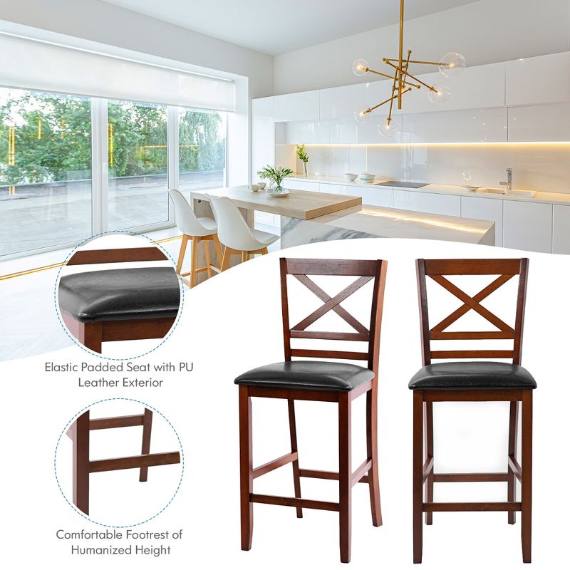 Costway Set of 2 Bar Stools 25'' Counter Height Chairs w/ PU Leather Seat Walnut, 3 of 11