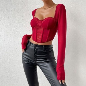 Coolmee Womens Summer Long Sleeved Mesh Tops Patchwork Lace See Through Fishbone Tight And Sexy Short Shirt Blouses Burgundy L - 1 of 4