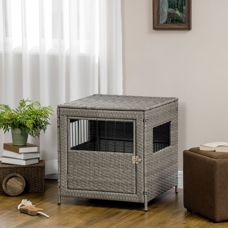 PawHut Rattan Dog Crate Dog Kennel Furniture with Lockable Door and Soft Washable Cushion for Small Sized Dogs, Gray, 2 of 7