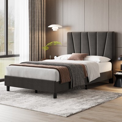 Whizmax Four Size Bed Frame with Adjustable Headboard, Linen Upholstered Platform Bed Frame with Strong Wooden Slats, No Box Spring Needed, Gray