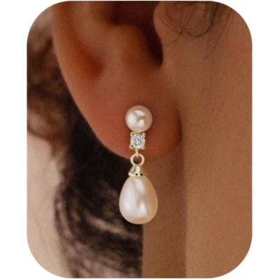 Pearl Earrings: 14k Gold-plated Cubic Zirconia Accented Pearl Drop Dangle Wedding Engagement Earrings For Women Bridal Bridesmaid