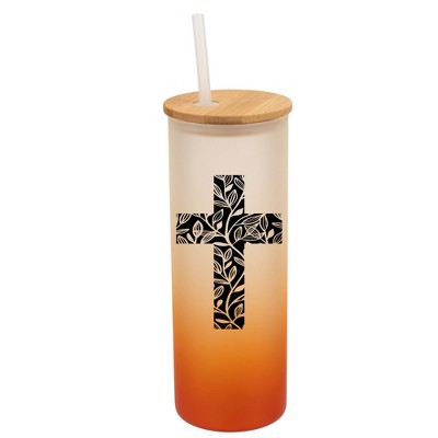 Elanze Designs Duo Floral Flower Faith Cross Wrap-Around Design 25 Ounce Frosted Gradient Glass On-The-Go Coffee Travel Skinny Tumbler Mug Cup, Bamboo