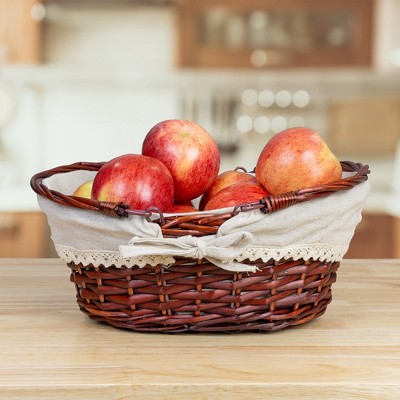 Rustic Oval Brown Wicker Basket with Lace-Trimmed Liner