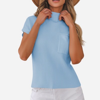 Amaryllis Women's Ribbed Knit Mock Neck Sleeveless Sweater Relaxed Fit with Front Pocket Chic and Cozy Transitional Layer