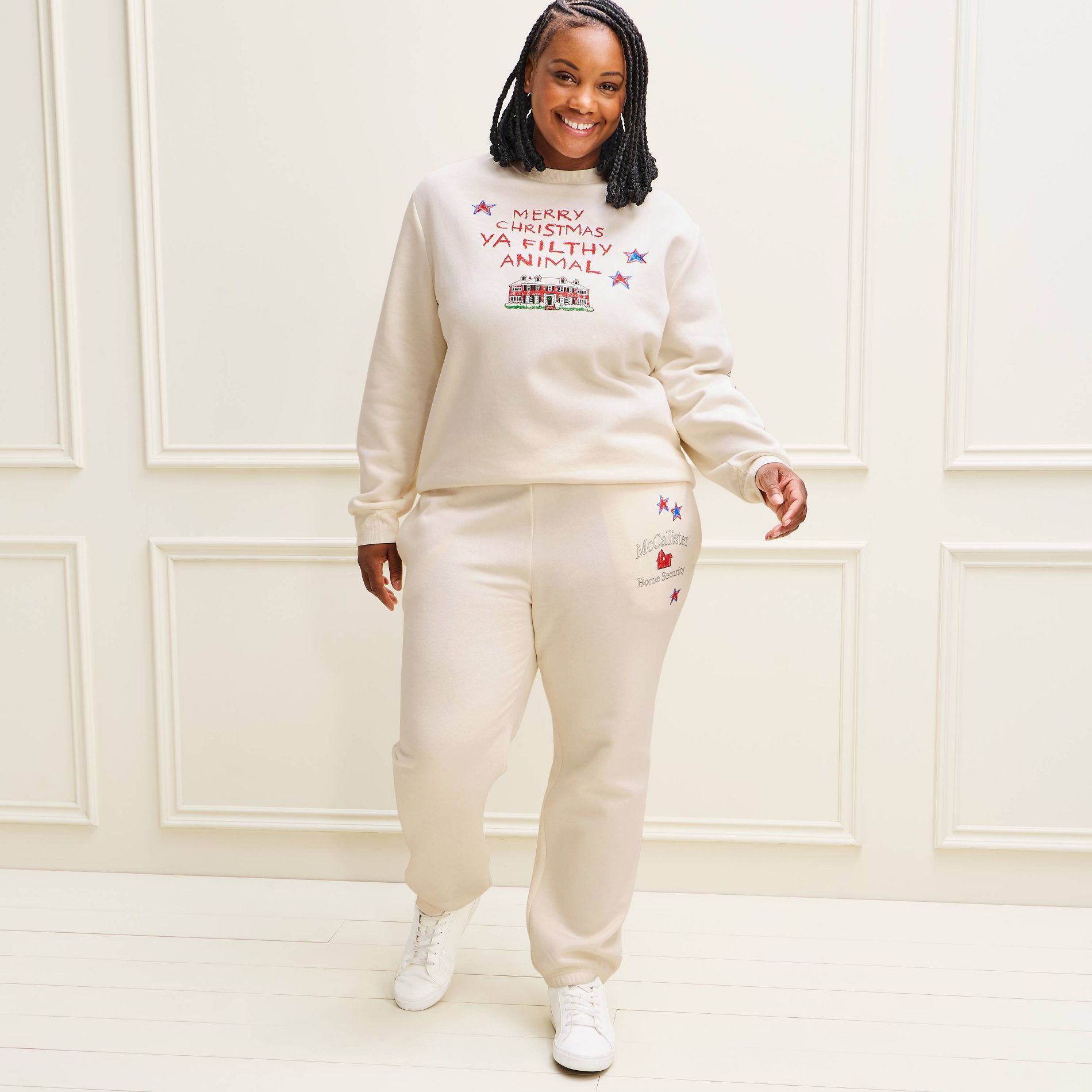 Adult Home Alone Holiday Family Matching Fleece Crewneck Sweatshirt - Cream