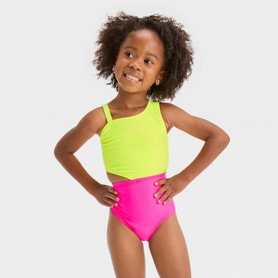 Image of Toddler Girls' Colorblock One Piece Swimsuit - Cat & Jack™ Yellow 5T: UPF 50+ Sun Protection, Strappy, Sleeveless