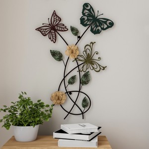Floral Butterfly Metal Wall Art - Rustic Butterflies with Burlap Leaves and Flowers for Modern Farmhouse Living Room Decor By Lavish Home (Multicolor) - 1 of 4