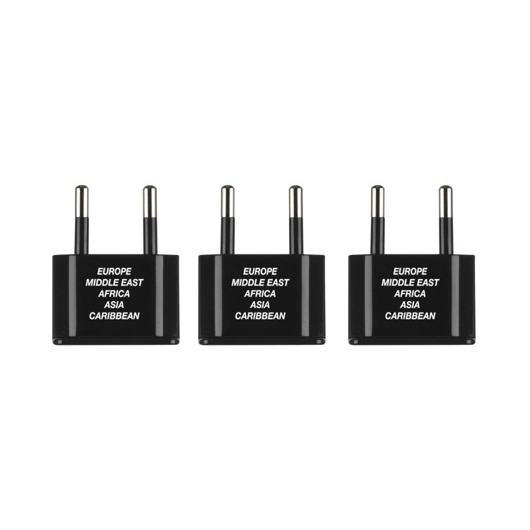 Three black colored adapters with two metal prongs, labeled for use in Europe, Middle East, Africa, Asia, and Caribbean.