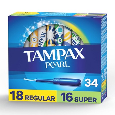 Tampax Pearl Tampons Regular/Super Absorbency with LeakGuard Braid -Duo Pack - Unscented - 34ct