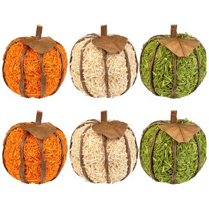 Northlight Textured Shredded Wood Pumpkin Fall Harvest Decorations- 3.5" - Orange and Green - Set of 6 - 1 of 4