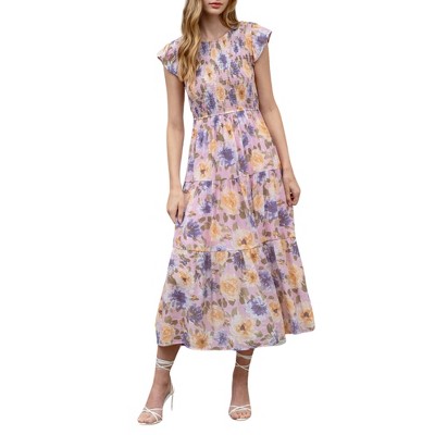 August Sky Women's Floral Smocked Ruffle Sleeve Tiered Midi Dress