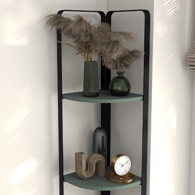 Naija Sage Green 71" Minimalist Corner Bookcase with Black Metal Frame