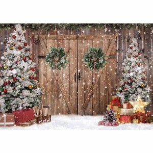 10x8FT Polyester Fabric Winter Christmas Rustic Barn Wood Door Photography Backdrop - 1 of 4
