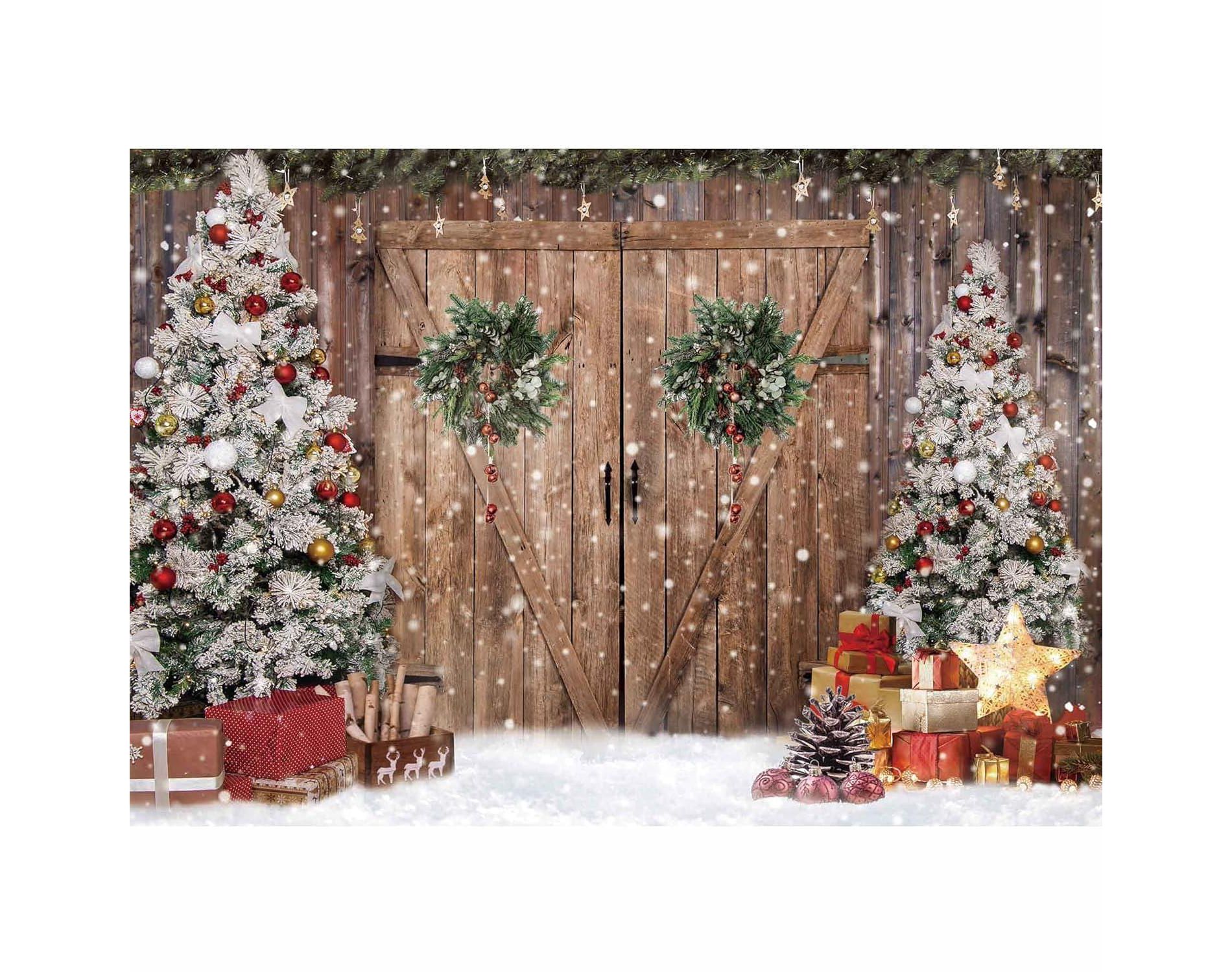 10x8FT Polyester Fabric Winter Christmas Rustic Barn Wood Door Photography Backdrop
