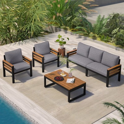 Whisen 4-Piece Outdoor Furniture Sofa Set, Patio Conversation Set with Removable Cushion and Solid Wood Coffee Table