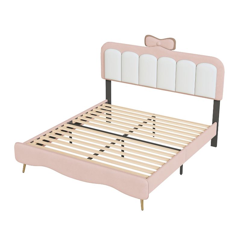 Twin/Full Size Velvet Princess Bed With Bow-Knot Headboard, White+Pink 4A - ModernLuxe, 4 of 8