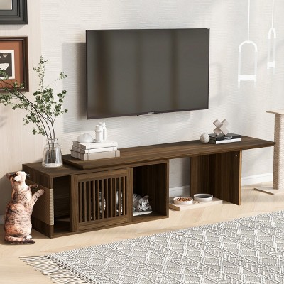 Mid Century Modern 2 in 1 Pet Friendly TV Stand with Extendable Table,Soft Cushion,Sliding Door Design-Maison Boucle