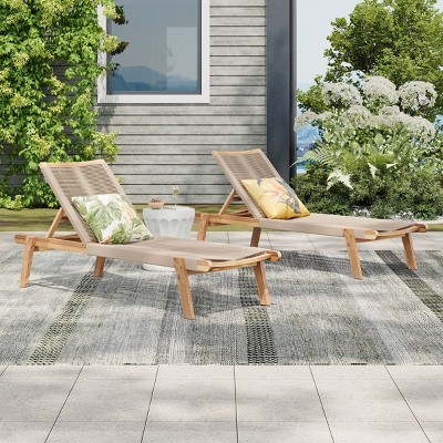 Set Of 2 Outdoor Rope Woven Chaise Lounge,Acacia Wood Armless Lounge,Adjustable Back,Chaise Lounge For Patio Garden-Coolbibila