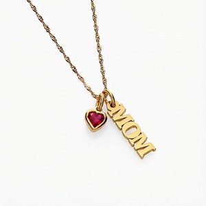 Singapore Chain "Mom" Necklace With Heart Shaped Ruby Gemstone - 1 of 1