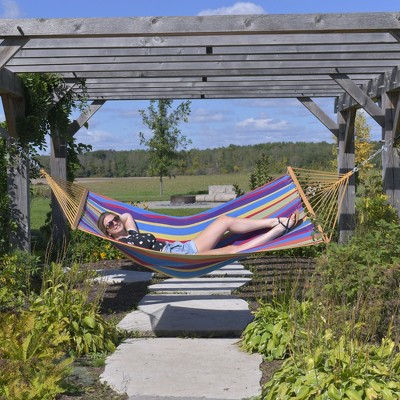 Tropical Double Cotton Spreader Bar Hammock with Wood Frame