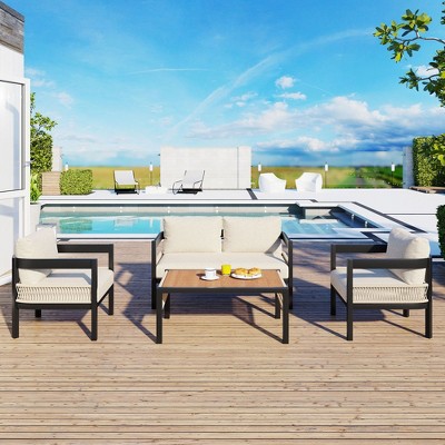 Sapphtopaz Outdoor Patio Furniture Set Steel Frame Loveseat Conversation Lounge Chairs with Cushions and Rectangular Table for Terrace, Garden