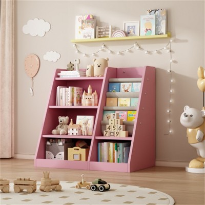 YONWAY Wooden Toy Storage Organizer Cabinet, Natural Wood Kids Bookshelf, Toddler Baby Sling Book Rack Shelf for Playroom Bedroom Nursery