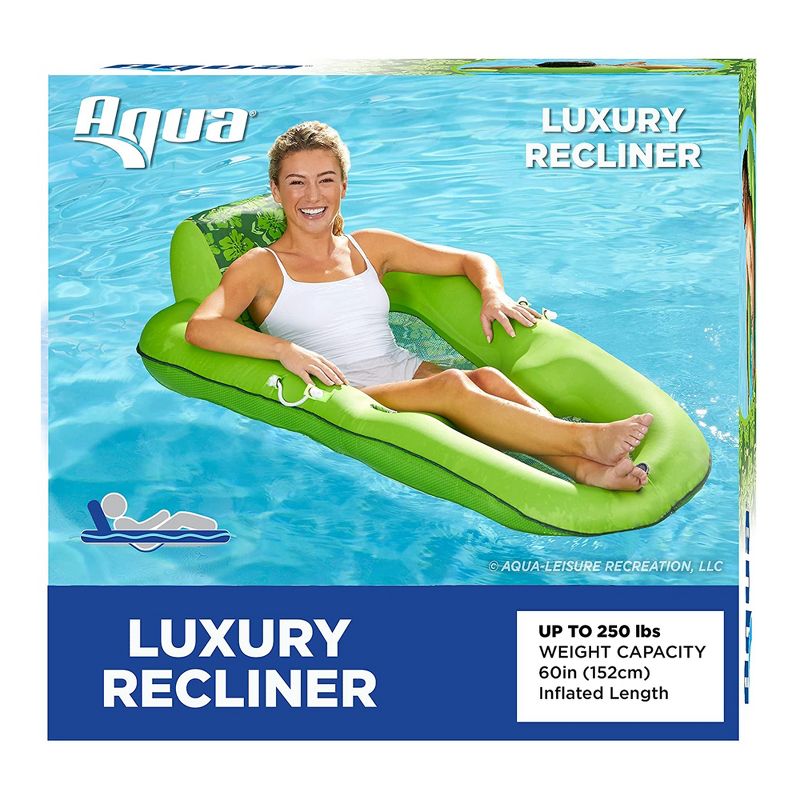 Aqua Leisure Luxury Water Recliner Inflatable Pool Float Comfort Lounge Chairs with Headrest, Handles, and Drink Holder, Lime Floral (2 Pack), 4 of 5
