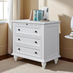 28" Nightstand with Pine Wood Veneer, Minimalist Bedside Cabinet with 3 Drawers, Pull-out Tray, Rubber Legs, Metal Handle - 1 of 4