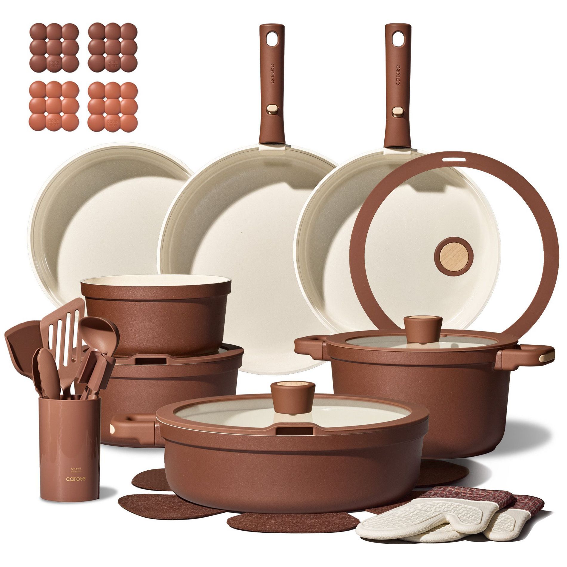 Carote 30pc Ceramic Nonstick Detachable Cookware Set With Lids and Tools in Dark Bronze